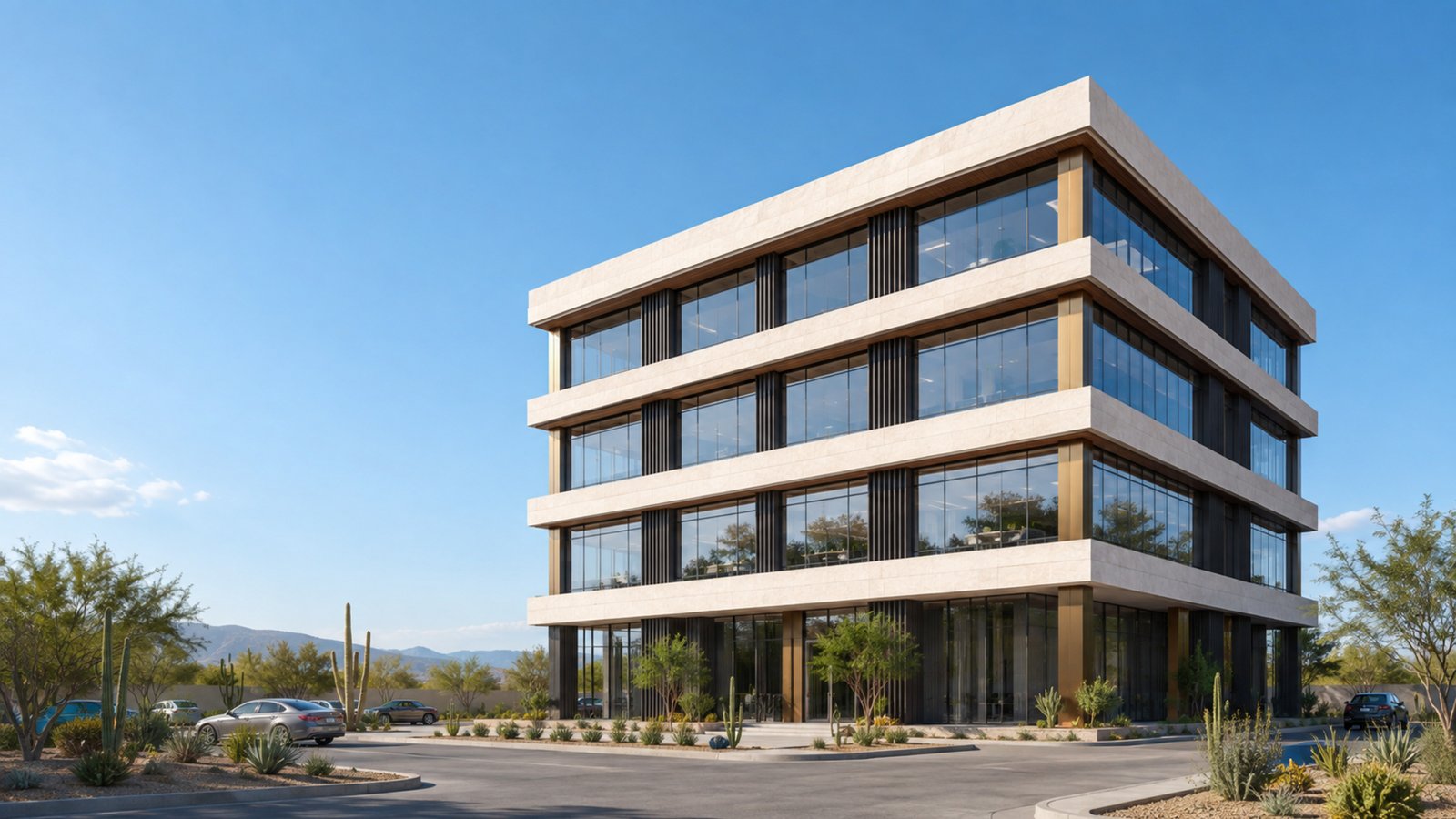 Fachada de AVENOR Professional Suites, torre corporativa de cinco niveles